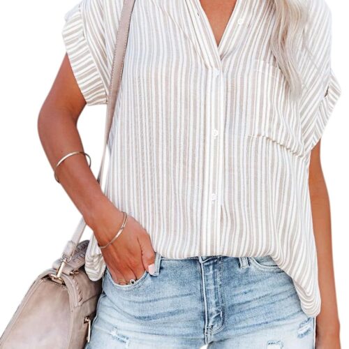 Women's Short Sleeve Linen V Neck Striped Button Down Blouse