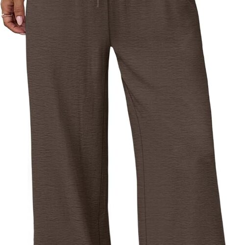 Wide Leg Pants for Women Flowy Drawstring Elastic Waist Trousers with Pockets Summer Beach Vacation Clothes
