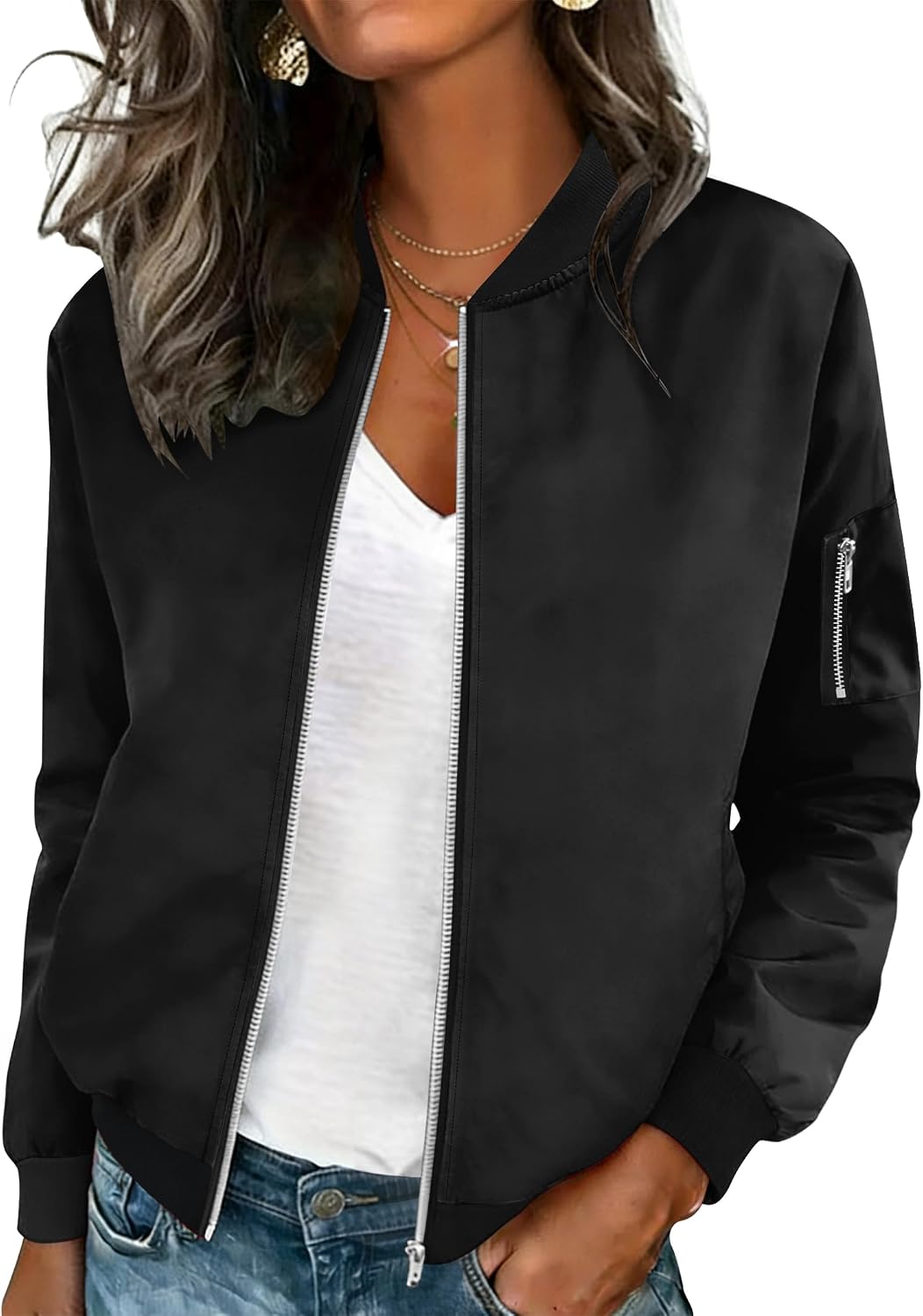 Women Casual Jacket Lightweight Long Sleeve Zip Up Coat Trendy Work Clothes With Pockets