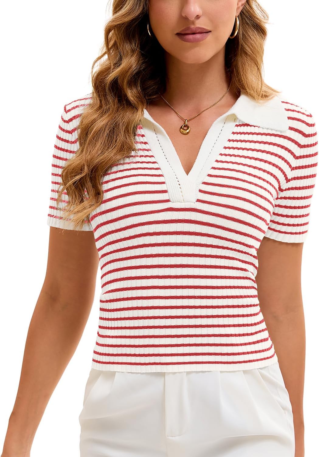 Women's Striped Knit Collared Polo Shirt - Image 2