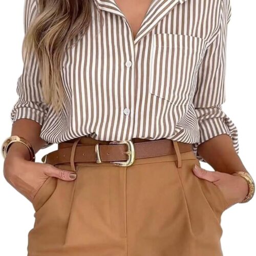 Women's Striped Button Down Work Shirt with Pocket