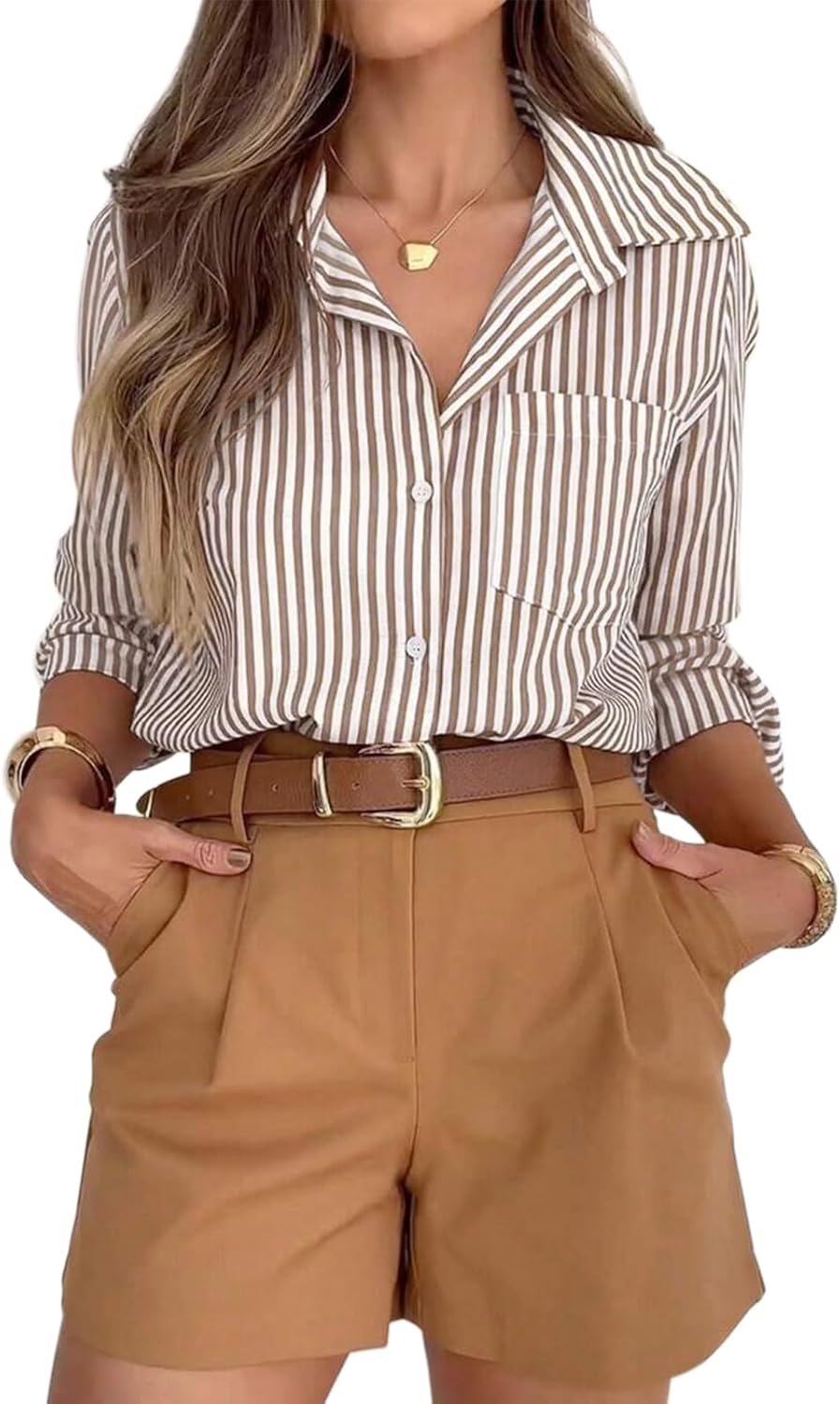 Women's Striped Button Down Work Shirt with Pocket