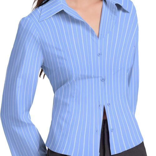 Women's Striped Flare Sleeve Button Down Work Blouse