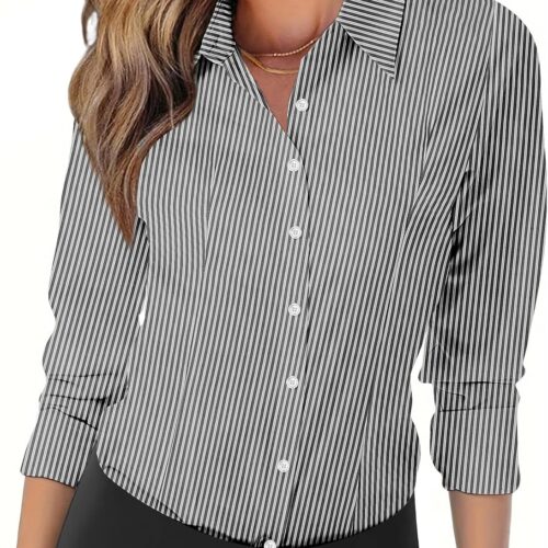 Women's V Neck Long Sleeve Wrinkle-Free Button Down Work Blouse
