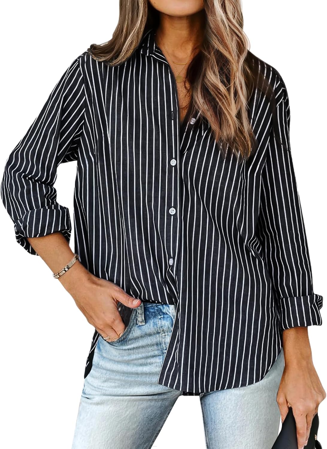 Women's Printed Lantern Long Sleeve Button Down Blouse