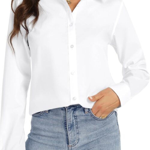 Women's Stretch Solid Long Sleeve Button Down Work Blouse