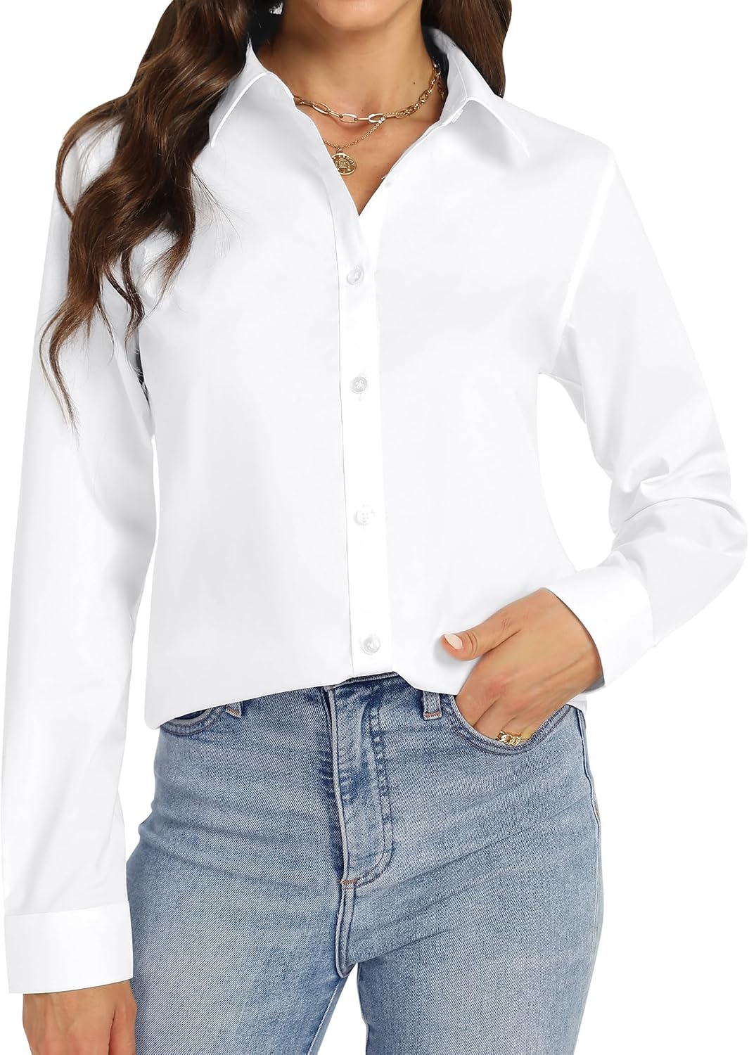 Women's Stretch Solid Long Sleeve Button Down Work Blouse