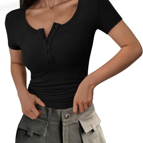 Women Summer Short Sleeve Tops Ribbed Henley Button Slim Fit Basic Casual T Shirts Blouse Fashion Clothing