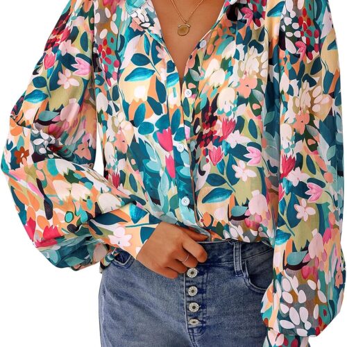 Women's Floral V Neck Long Sleeve Boho Button Down Blouse