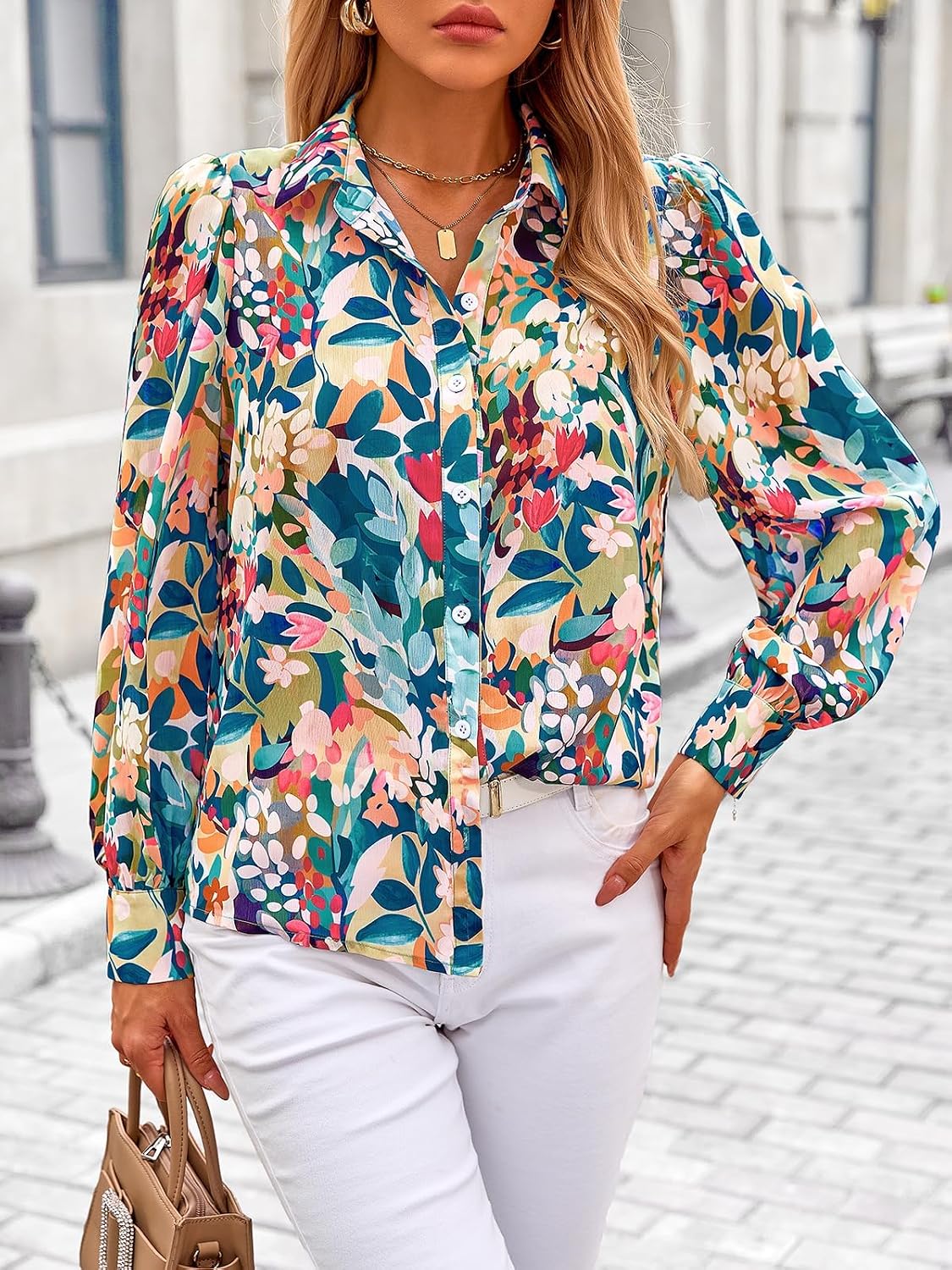 Women's Floral V Neck Long Sleeve Boho Button Down Blouse - Image 2