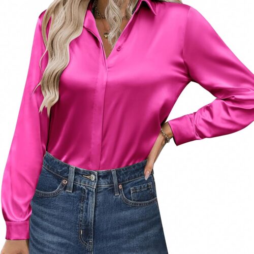 Women's Casual Satin Long Sleeve Button Down Blouse